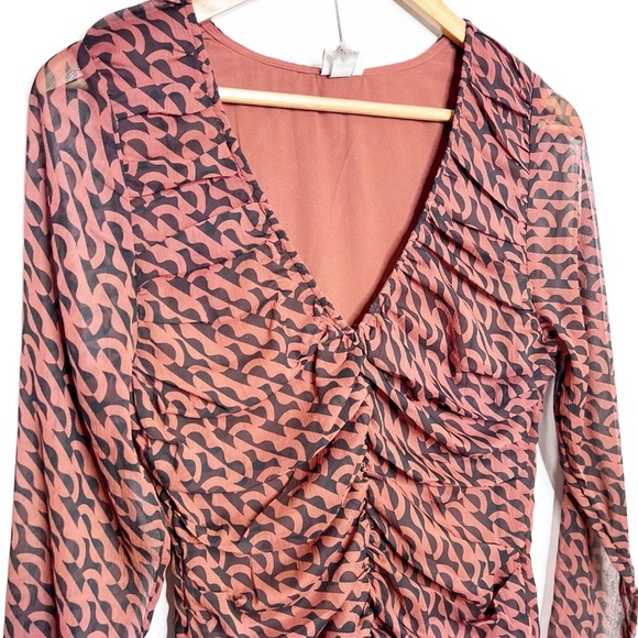 NWT A New Day Women's Ruched V Neck Long Sleeve Geometric Print Mini Dress - Picture 3 of 16